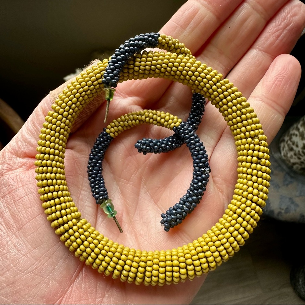 Ink + Alloy, Yellow/green and Dark Blue Beaded Bracelet and Earrings